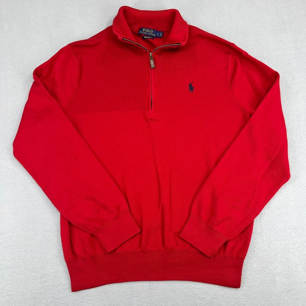 Polo Ralph Lauren Mens Red Pima Cotton Quarter Zip Pullover Sweater Size Large